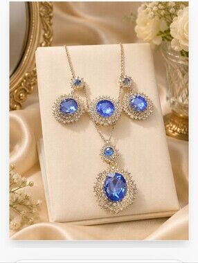 Elegant 4 Pc Simulated Blue Saphire Jewelry Set In 18k White Gold Plating